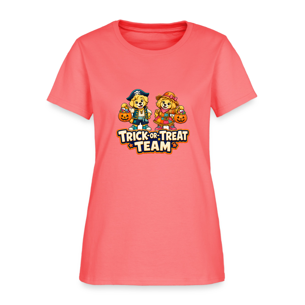 Bobby and Bonnie Halloween Trick or Treat Team Women's T-Shirt - coral