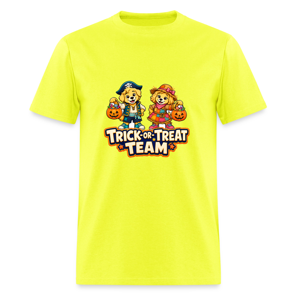 Bobby and Bonnie Halloween Trick or Treat Team Men's T-Shirt - safety green